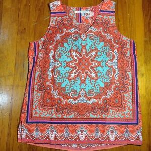 Violet + Claire Orange Teal Mandala Print Sleeveless V Neck Tank Top M boho